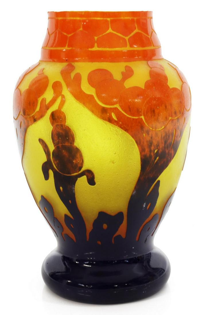FRENCH SCHNEIDER VERRE FRANCAIS CAMEO GLASS VASE: French Art Nouveau cameo glass vase, Charles Schneider (French, 1881-1958), for his "Le Verre Francais" line, retailed by Ovington Brothers, New York, c.1920s, yellow glass overlaid with cobalt blue a