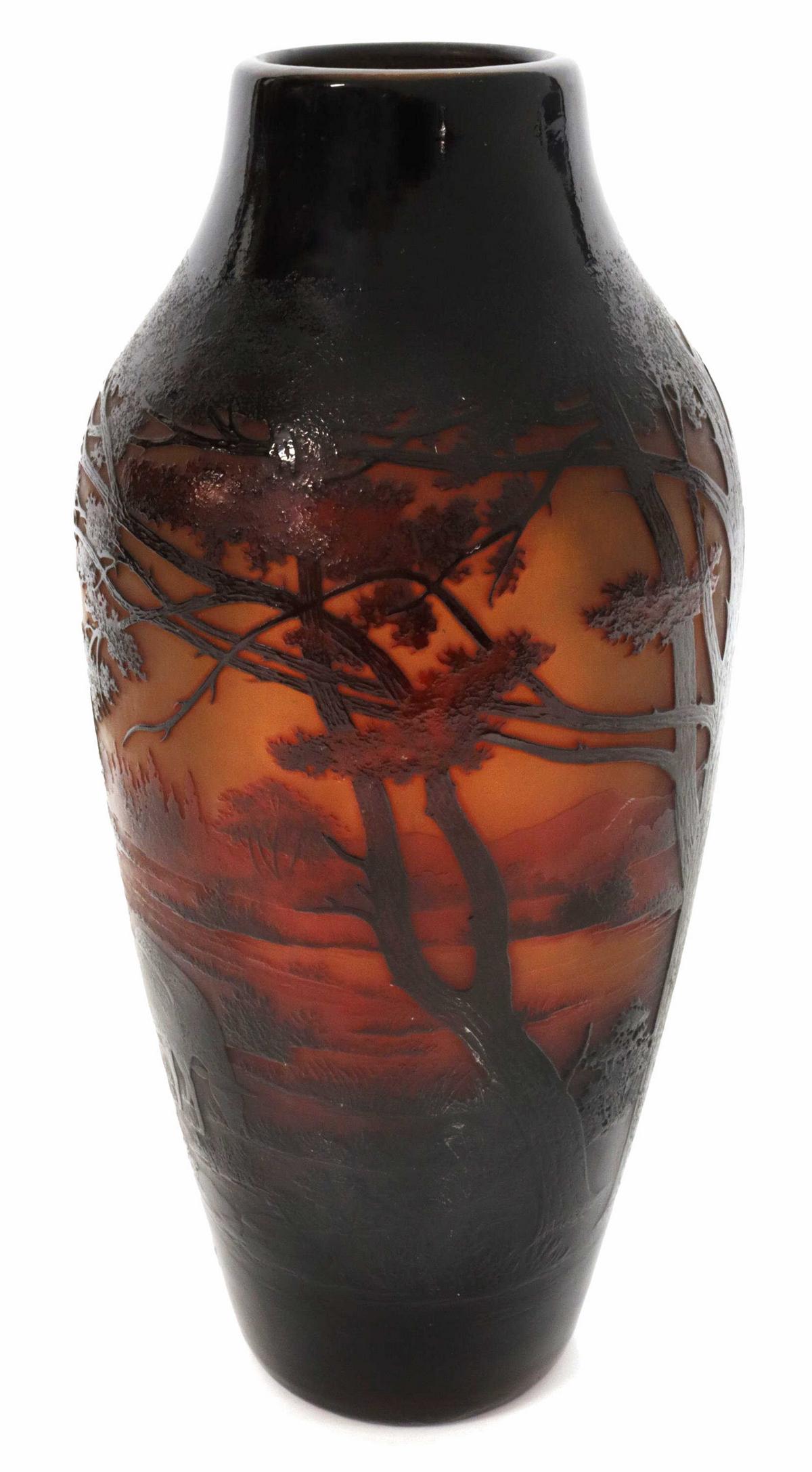 FRENCH D'ARGENTAL CAMEO GLASS LANDSCAPE VASE: French cameo glass vase, designed by Paul Nicolas (French, 1875-1952) for St Louis, for the "D'Argental" line, c.1930s, pastoral landscape scene with shepherd and sheep, D'Argental signature at side, 
