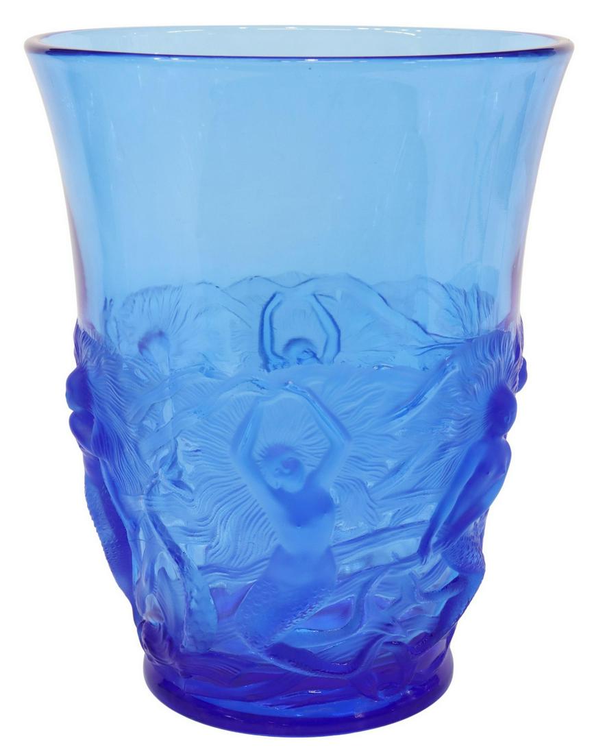 VERLYS DIRECTOIRE BLUE GLASS MERMAIDS VASE: Large Art Deco molded glass vase, Verlys, c.1930s, Directoire blue, inverted bell-form, lower half with satin finish mermaids and dolphins in relief, engraved signature underfoot, small chips underfoo
