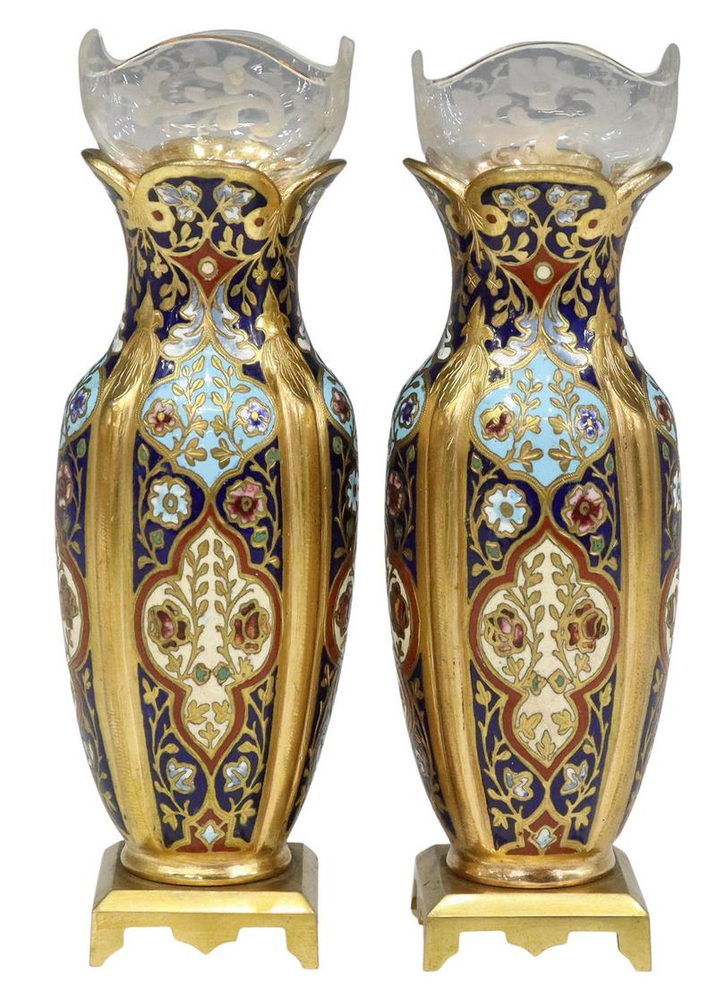 (2) FRENCH CHAMPLEVE ENAMEL GILT BRONZE VASES: (pair) French champleve enamel and bronze vases, early 20th c., with etched glass inserts, bronze dore baluster-form vase, with polychrome enameled floral motif, square base on bracket feet, approx 6