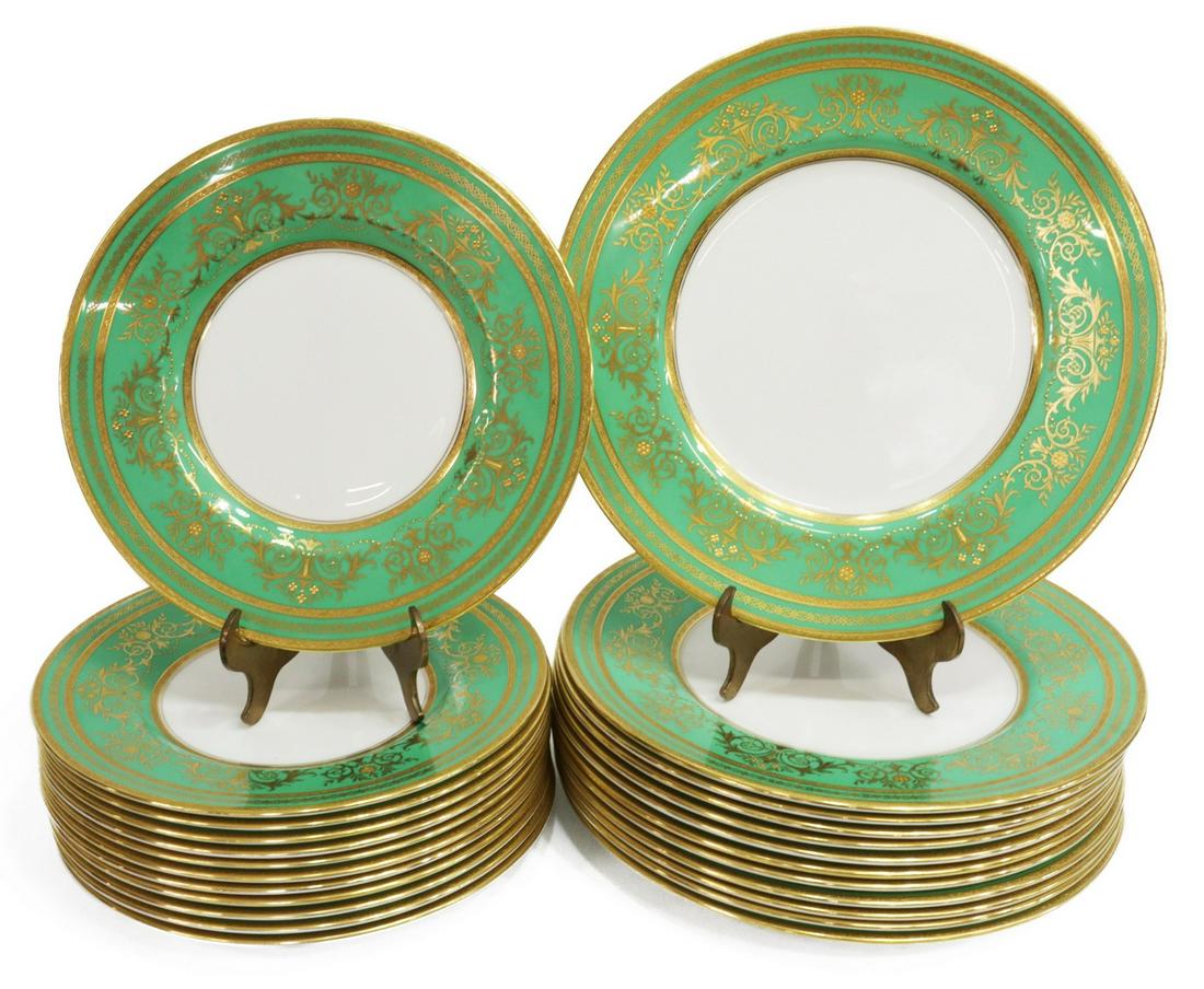 (24) MINTON GREEN & RAISED GILT PORCELAIN PLATES: (lot of 24) English parcel gilt bone china plates, Minton, mid to late 20th c., each having a mint green border, with enameled and gilded floral vases and chains, including: (12) dinner plates, approx