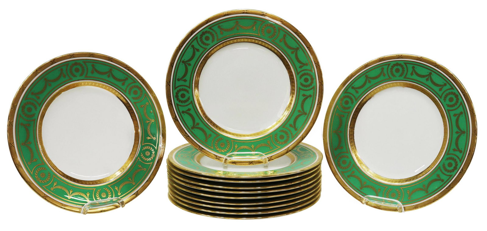 (12) MINTON FOR TIFFANY & CO GILT PORCELAIN PLATES: (lot of 12) English porcelain plates, Mintons, retailed by Tiffany & Company, New York, 20th c., green rim with etched gold bands, gilt swags and laurel wreaths, approx 10.5"diam; 18.25lbs total **Pro