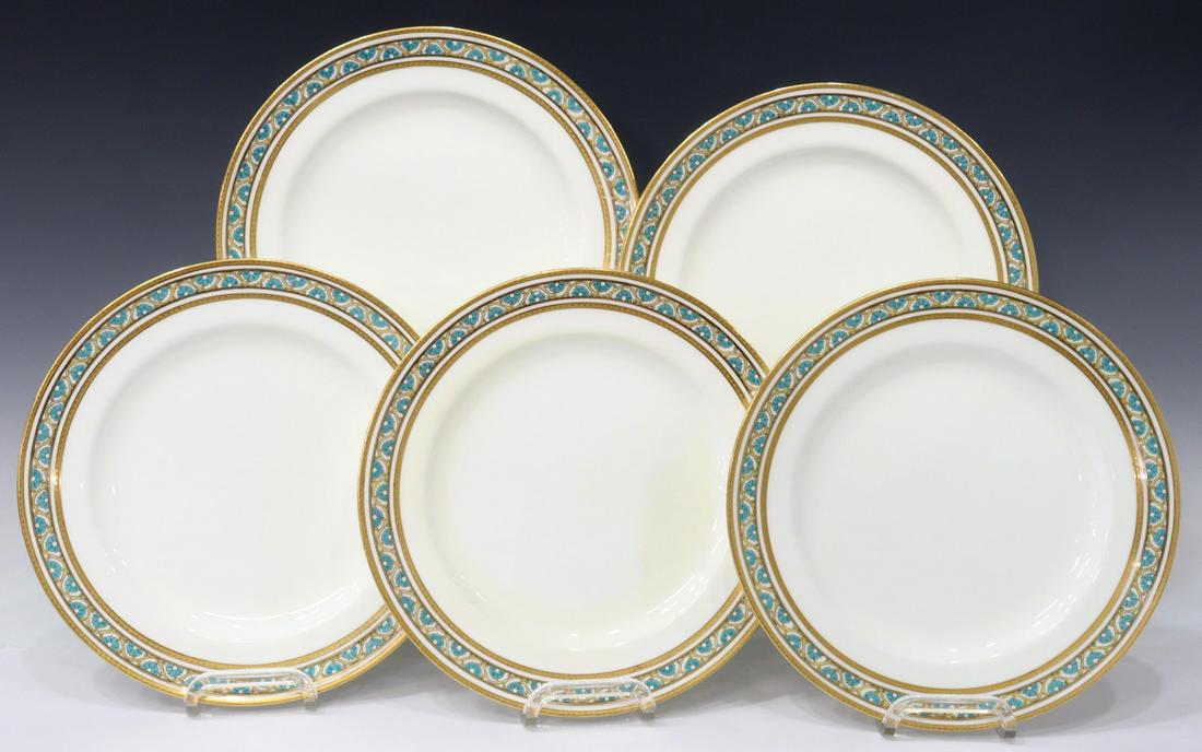(5) MINTONS TIFFANY & CO PARCEL GILT DINNER PLATES: (lot of 5) English porcelain dinner plates, Mintons, retailed by Tiffany & Company, early 20th c., each having turquoise floral border, (one) with crazing and yellowing to ground, approx 10.25"diam; 1