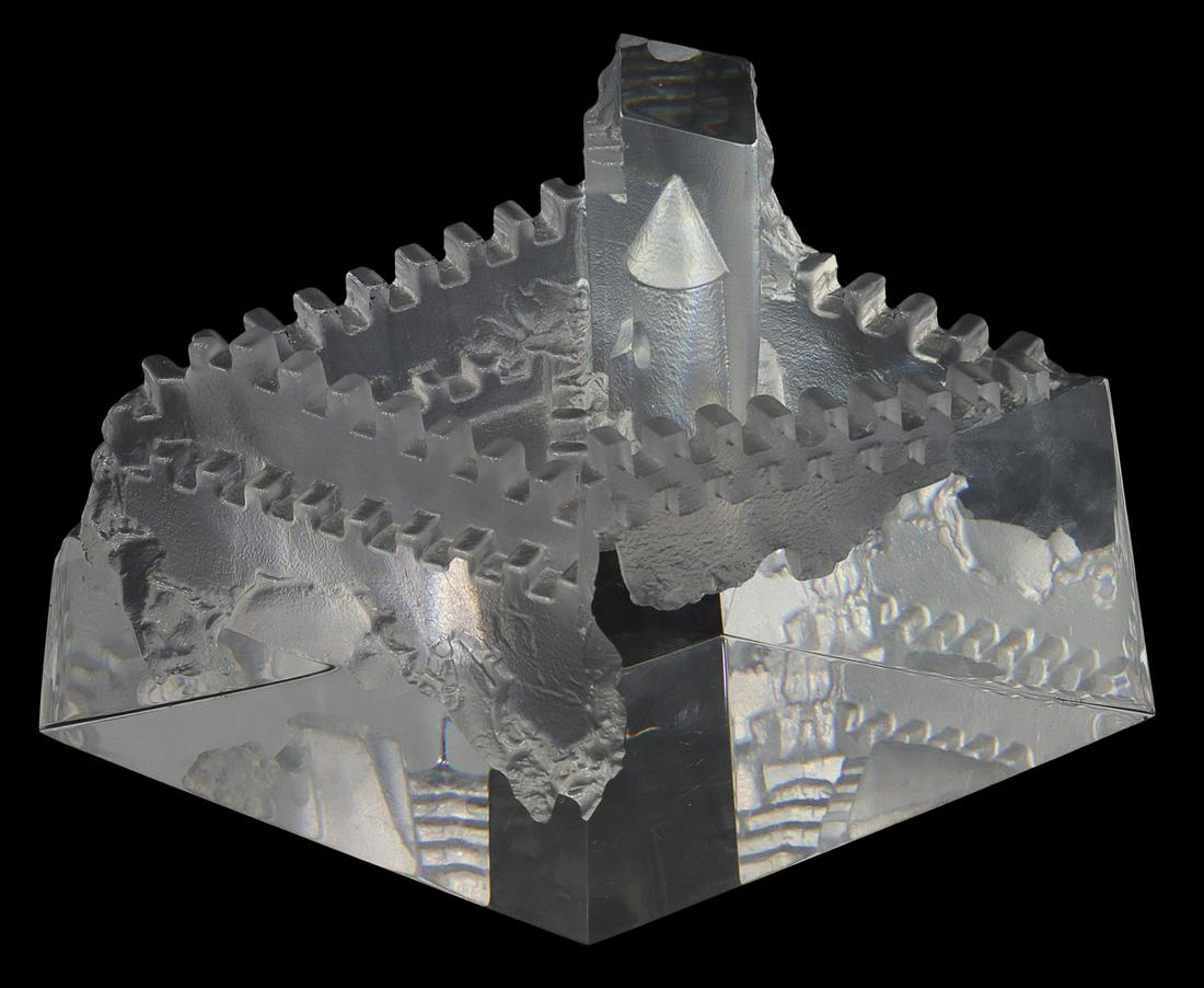 STEUBEN 'CASTLE OF DREAMS' GLASS SCULPTURE: Steuben "Castle of Dreams" art glass sculpture, designed by David Dowler (American, b.1945), model number 1131, introduced 1986, engraved signature underfoot, small chip to one corner, approx 5.75"h,