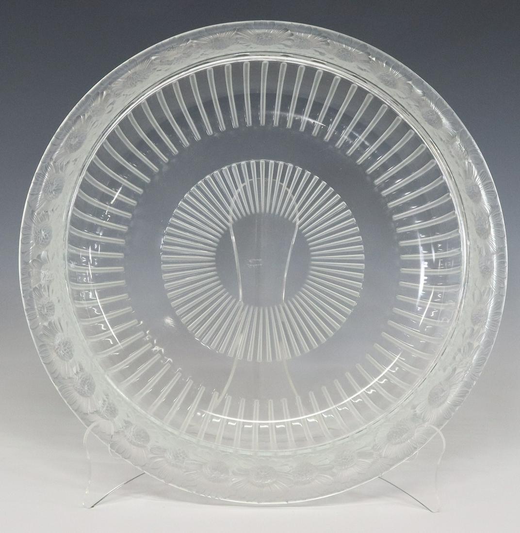 FRENCH LALIQUE MARGUERITES GLASS CENTERPIECE BOWL: French Lalique "Marguerites" art glass center bowl, originally designed by Rene Lalique (French, 1860-1945), satin finish rim with daisies in relief, engraved signature Lalique France underfoot, accom