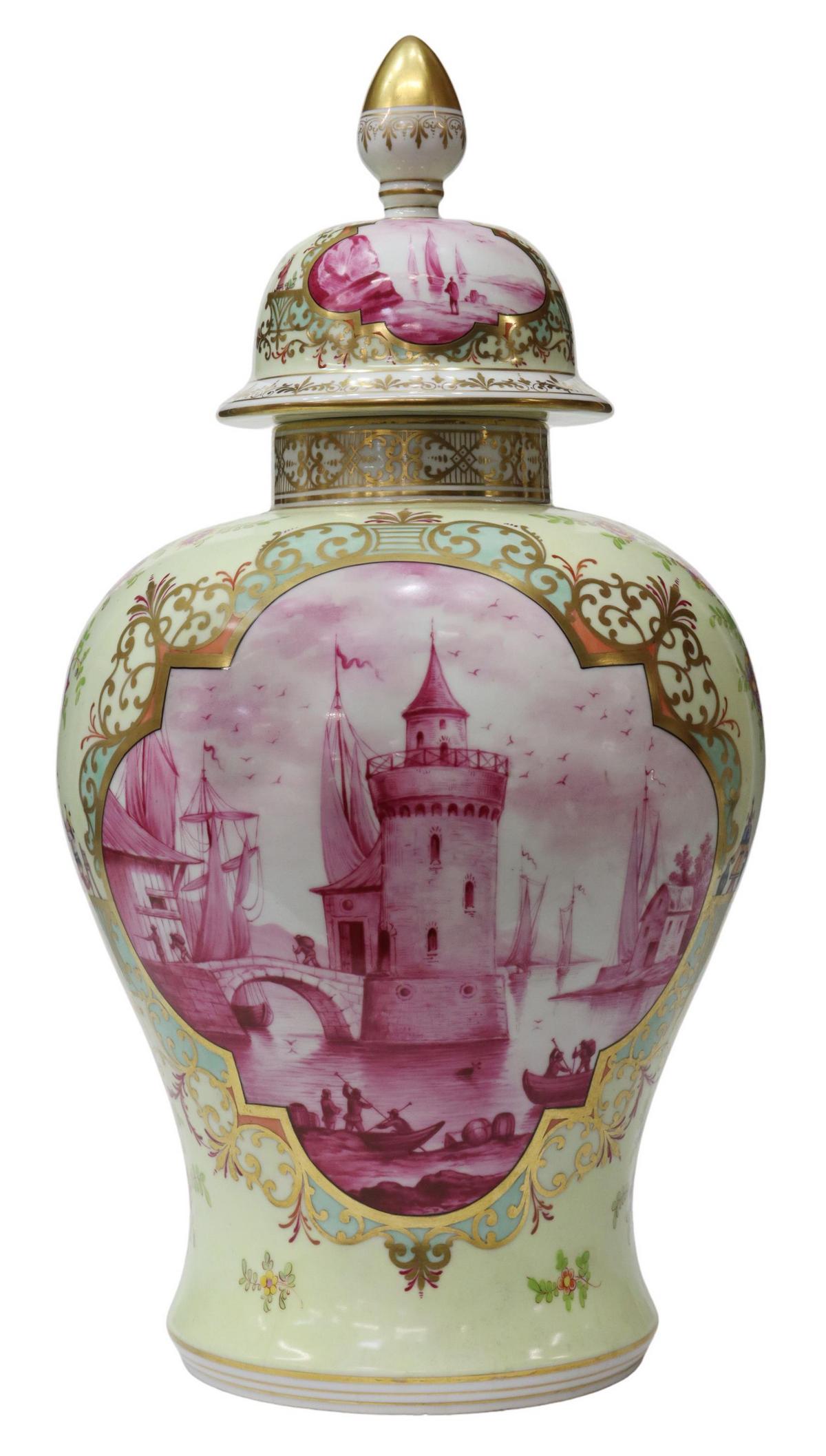 CARL THIEME POTSCHAPPEL PORCELAIN LIDDED URN: German parcel gilt porcelain lidded urn, Carl Thieme Potschappel, c.1888-1901, acorn finial, entirety with parcel gilt foliate motifs, hand-painted reserves depicting harbor scene, blue underglaze mar