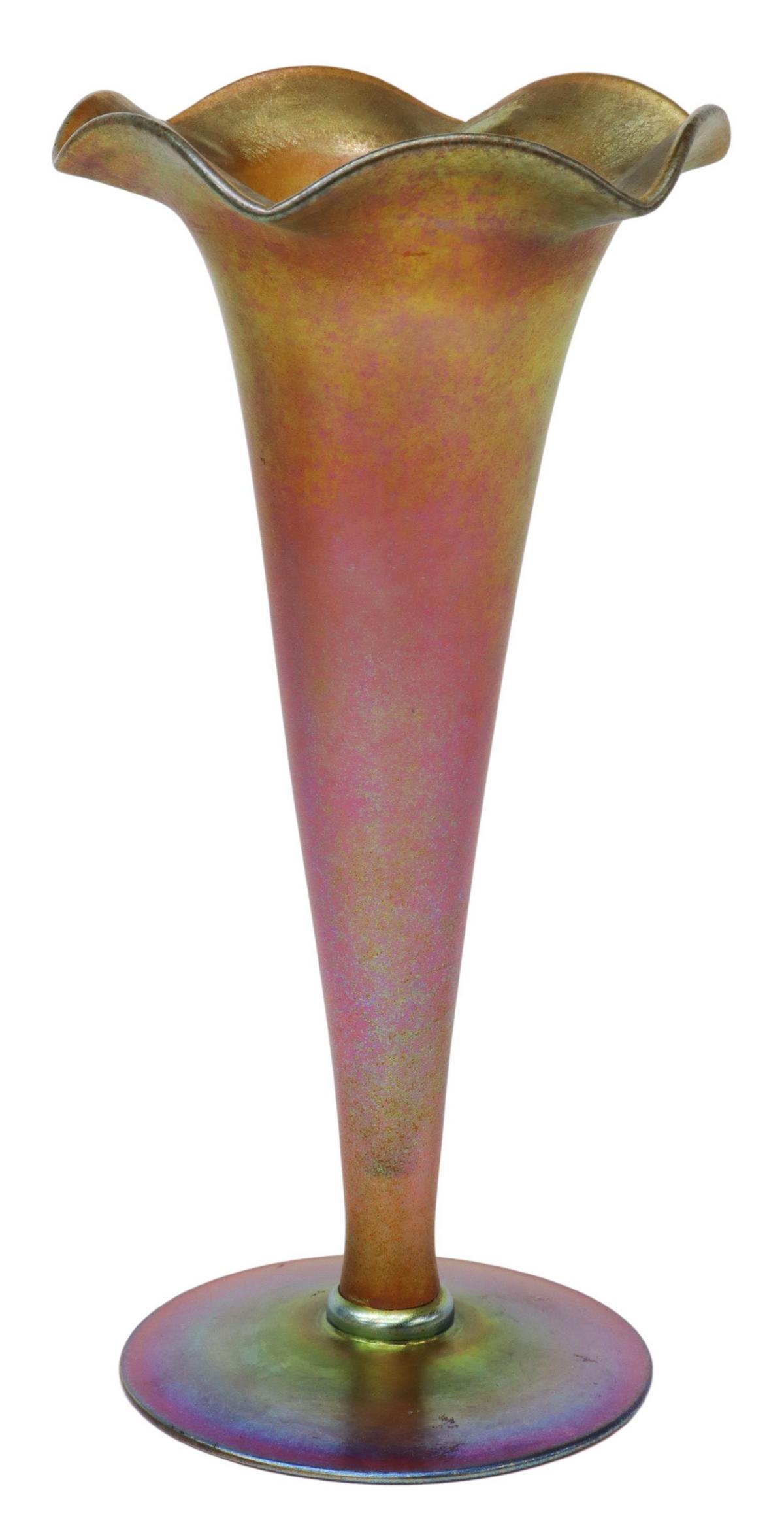 CARDER STEUBEN GOLD AURENE ART GLASS TRUMPET VASE: Steuben art glass vase, designed by Frederick Carder (English, 1863-1963), shape 346, iridescent gold Aurene, ruffle rim, tapered stem, on a circular foot, engraved signature "aurene" underfoot, appro