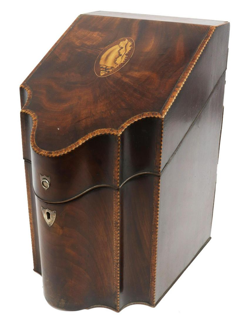 ENGLISH GEORGIAN PERIOD MAHOGANY FITTED KNIFE BOX: English Georgian period mahogany knife box, late 18th/ early 19th c., serpentine slant front with conch shell marquetry, lid interior with marquetry compass star, opening to interior with fitted inser