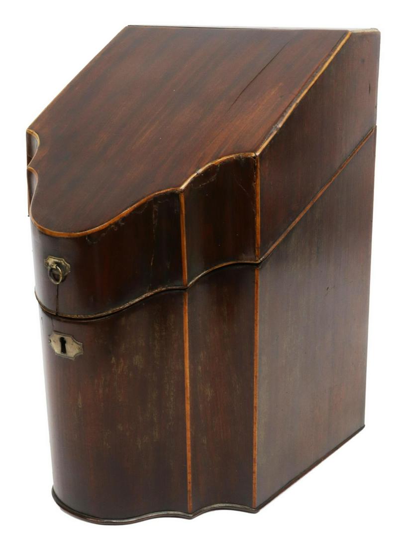 ENGLISH GEORGIAN PERIOD MAHOGANY FITTED KNIFE BOX: English Georgian period mahogany knife box, late 18th/ early 19th c., serpentine slant front with string inlay, opening to interior with fitted insert, some loss to inlay, wood separation, approx 13.7