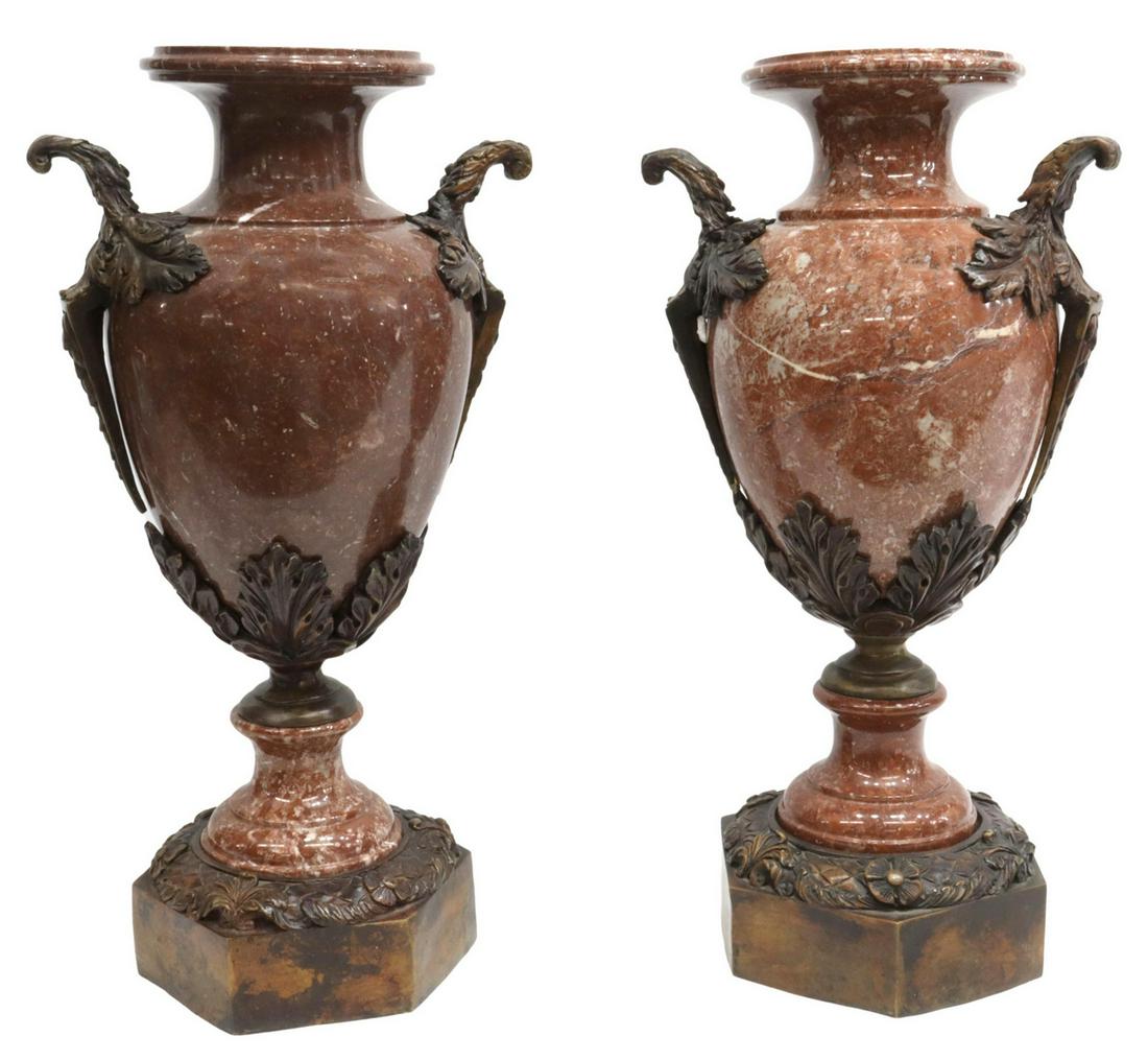 2) LARGE BRONZE-MOUNTED MARBLE URN-FORM GARNITURES: (pair) Large rouge marble urn-form garnitures, 20th c., slightly varied in color, having patinated bronze handles and mounts, rising on hexagonal base, approx 23"h, 12"diam; 100lbs total **Provenance: