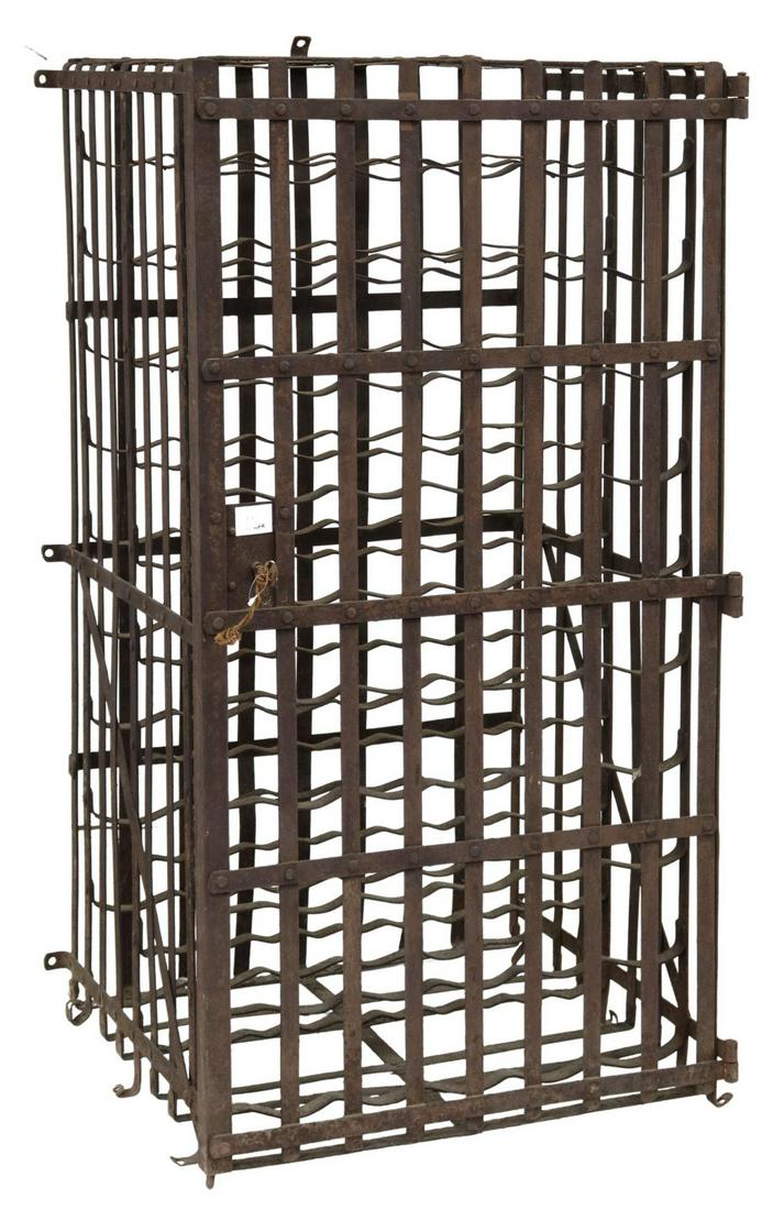FRENCH IRON FIFTY-BOTTLE WINE CAGE: French iron wine cage/ rack, 19th/ 20th c., open iron strap construction, with fifty bottle capacity, hinged door with lock, approx 42"h, 22.25"w, 21.25"d Start Price: $300.00