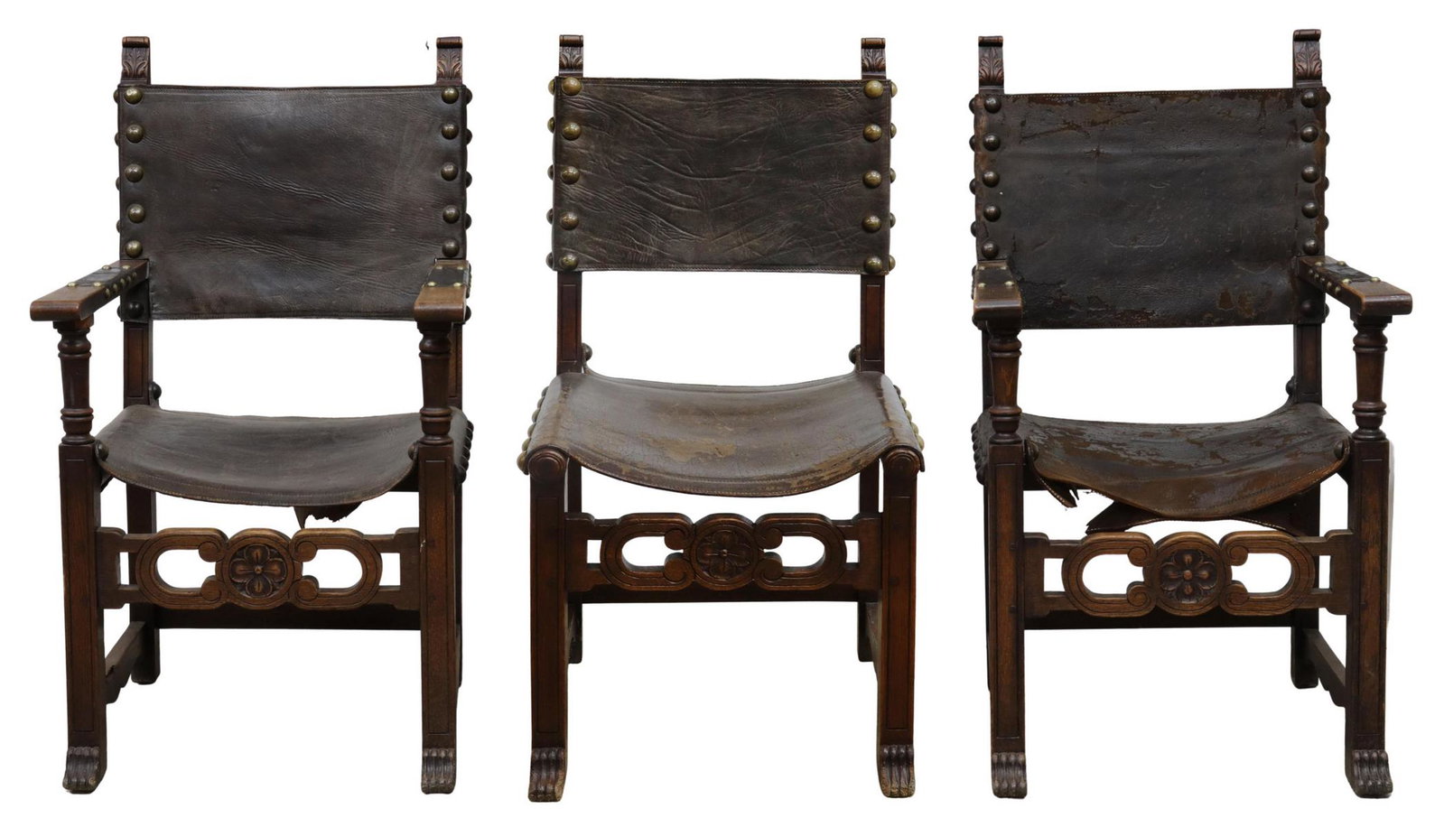 (3) SPANISH BAROQUE STYLE OAK & LEATHER CHAIRS: (lot of 3) Spanish Baroque style chairs, late 19th c., oak frames with acanthus carved stiles, leather back and sling seat held with large nail heads, rising on block legs joined by box stretcher, fro