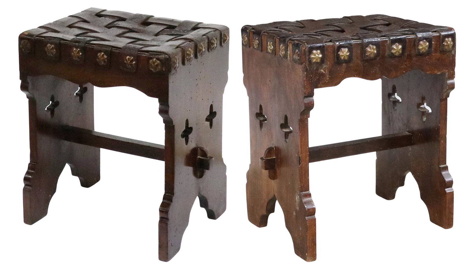 (2) SPANISH BAROQUE STYLE WOVEN LEATHER STOOLS: (pair) Spanish Baroque style stool, early 20th c., woven leather strap seat, affixed with decorative nail heads, pierced bootjack supports, cross stretcher with wedged through tenon joinery, approx 18
