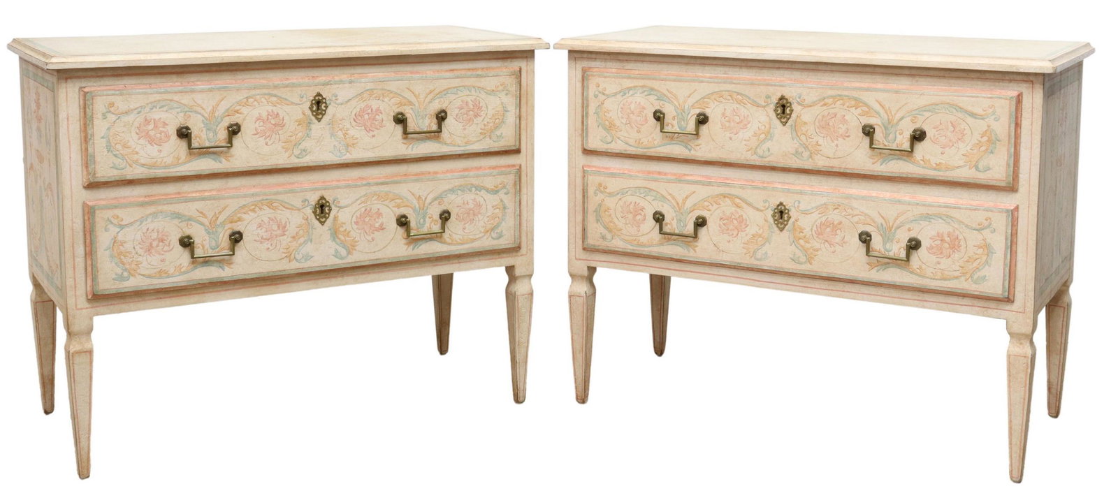 (2) ITALIAN NEOCLASSICAL PAINT DECORATED COMMODES: (pair) Italian Neoclassical paint decorated chest of drawers, 20th c., each fitted with two drawers, top drawer with installed light switch panel, rising on tapered square legs, approx 35"h, 43"w, 20.