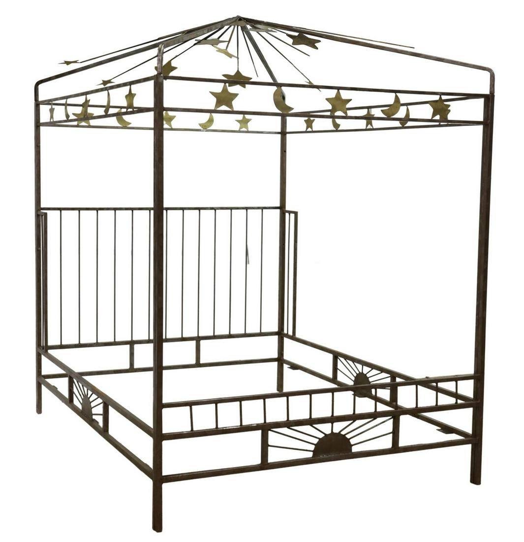 JEFF KREITZ QUEEN-SIZE MOON & STARS CANOPY BED: Hand-wrought steel four-poster canopy bed, queen size, signed Kreitz (Jeff Kreitz) in wire at the footboard, late 20th c., brushed steel canopy set with gilt metal moons and stars, seated on square po