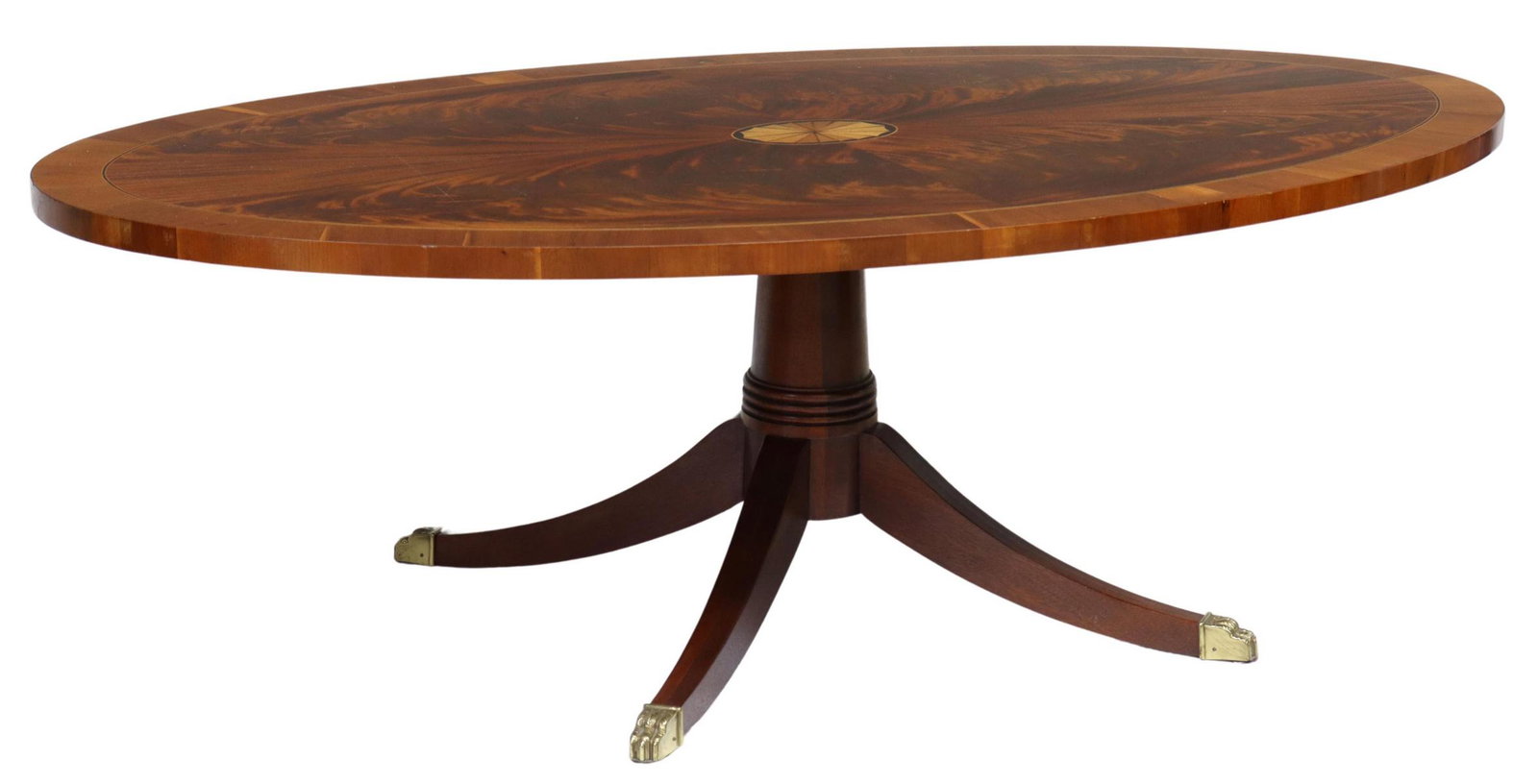HEKMAN COPLEY PLACE MAHOGANY COFFEE TABLE: Georgian style mahogany coffee table, from the Copley Place collection by Hekman Furniture Company, North Carolina, 20th c., the highly figured flame veneered top having banded inlay, centered fan/ pa