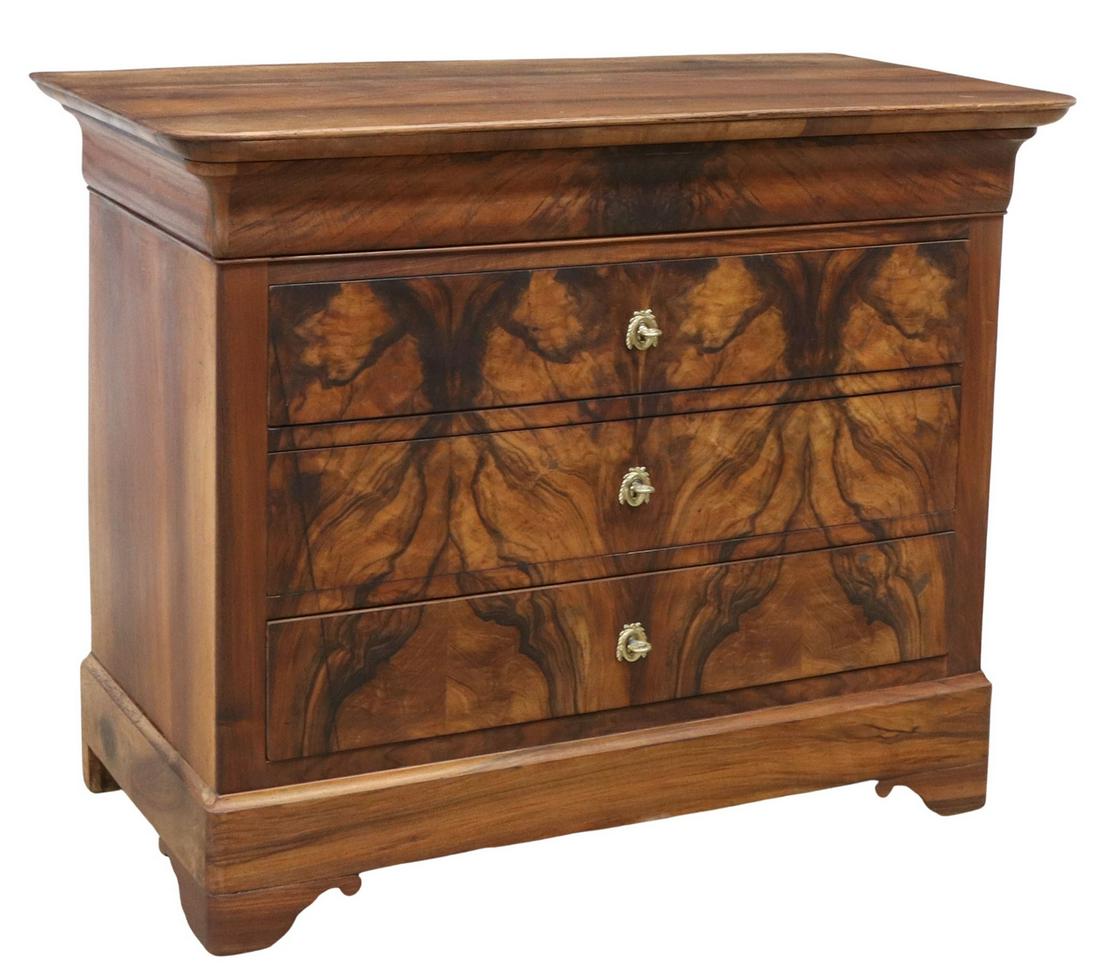 FRENCH LOUIS PHILIPPE PERIOD BURLWOOD COMMODE: French Louis Philippe period burlwood commode, mid 19th c., ogee drawer over three additional drawers, rising on bracket feet, wood loss to top, approx 36"h, 45.25"w, 23"d Start Price: $500.00