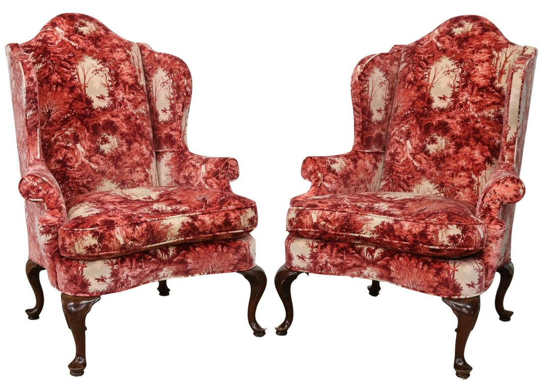 (2) QUEEN ANNE STYLE VELVET WINGBACK ARMCHAIRS: (pair) Queen Anne style wingback armchairs, late 20th c., velvet upholstery with print of deer in the woods, attributed by consignor to Scalamandre, rolled arms, loose seat cushion, rising on mahogany