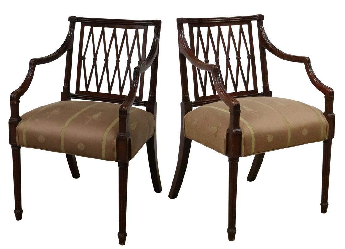 (2) ENGLISH REGENCY STYLE MAHOGANY ARMCHAIRS: (lot of 2) English Regency style mahogany armchairs, early 20th c., reticulated splat, with downswept arms, upholstered seat, rising on tapered fluted front legs, saber back legs, (one) lacking molded