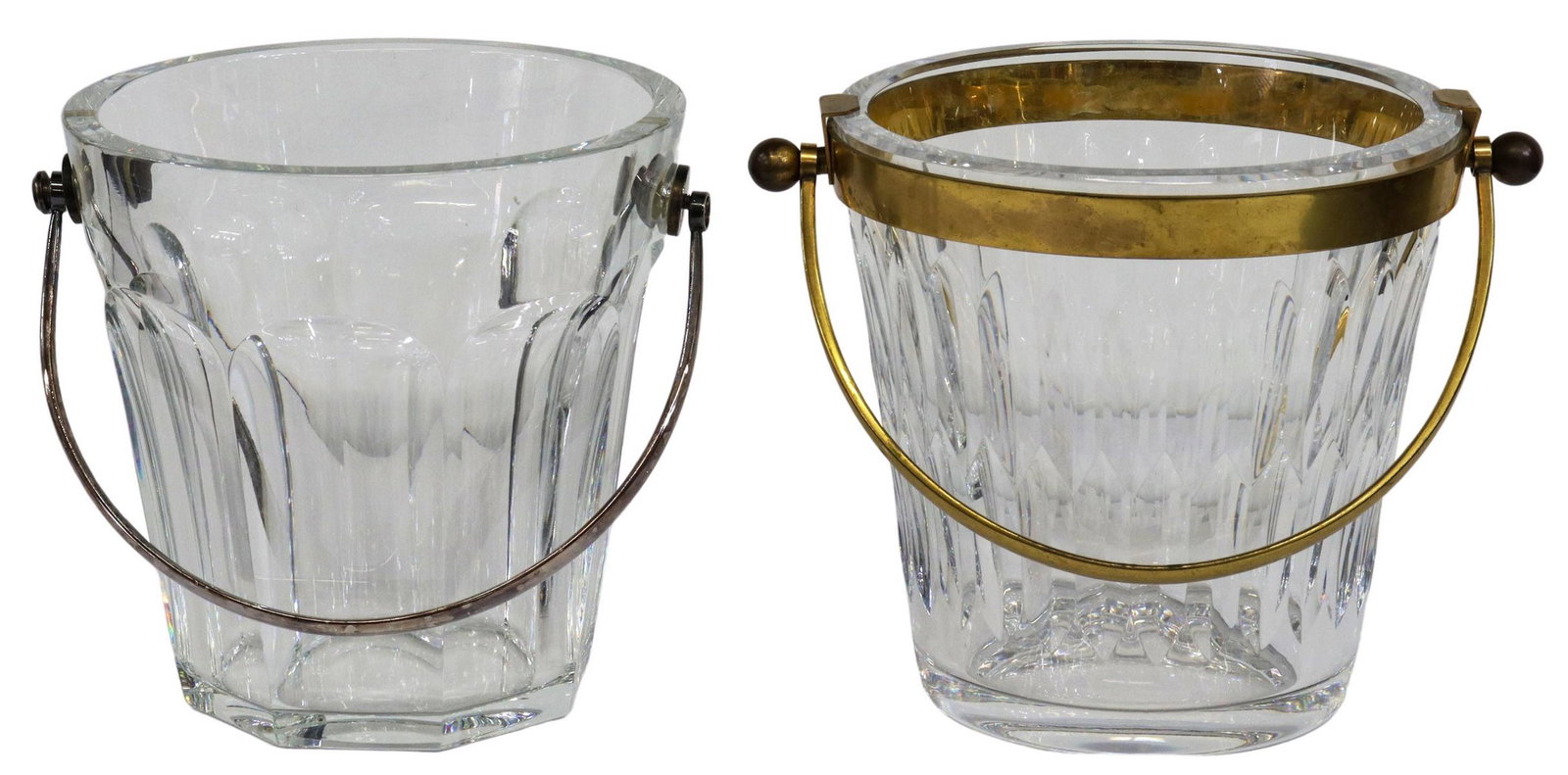 (2) FRENCH BACCARAT CUT CRYSTAL ICE BUCKETS: (lot of 2) French Baccarat cut crystal ice buckets, including: (1) in the "Harcourt" pattern, cut panel design, with silver-tone metal bail handle, acid-etched mark underfoot, lacking cap at one end o