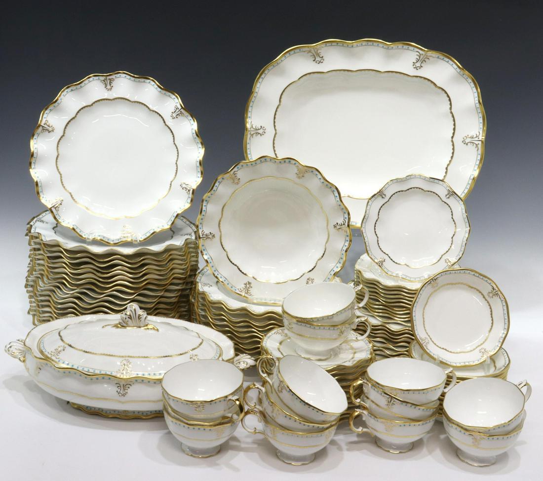 (92) ROYAL CROWN DERBY 'LOMBARDY' BONE CHINA: (lot of 92) English Royal Crown Derby bone china dinner service, in the "Lombardy" pattern, having wavy gilt rim, raised aqua dot accents, foliate motifs, including: (19) dinner plates, approx 10.25"d