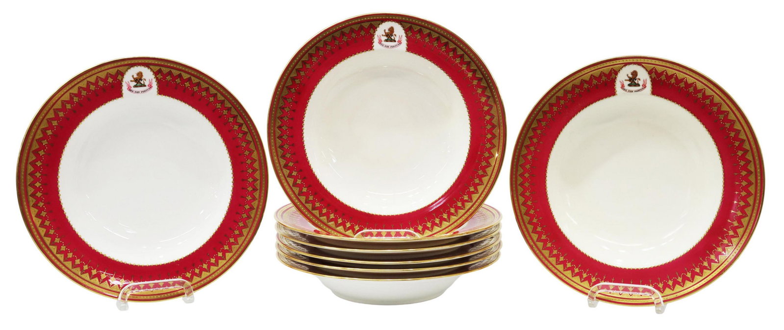 (8) ENGLISH MINTON GILT ARMORIAL SOUP BOWLS: (lot of 8) English porcelain armorial soup bowls, Mintons, retailed by Parkin Sheffield, c.1875, magenta border with raised gilt enamel, lion rampant with crossed axes, banner with motto reading: "Deo