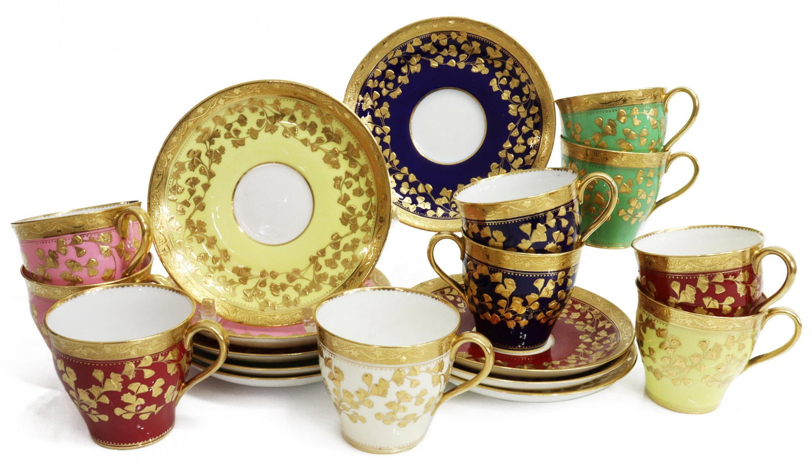 (19) ENGLISH MINTON PARCEL GILT DEMITASSE SERIVCE: (lot of 19) English porcelain demitasse service, Mintons, retailed by R.B. Gray China Co., St. Louis, early 20th c., etched gold band, vining design in raised gilt enamel, varied colors, including: (1