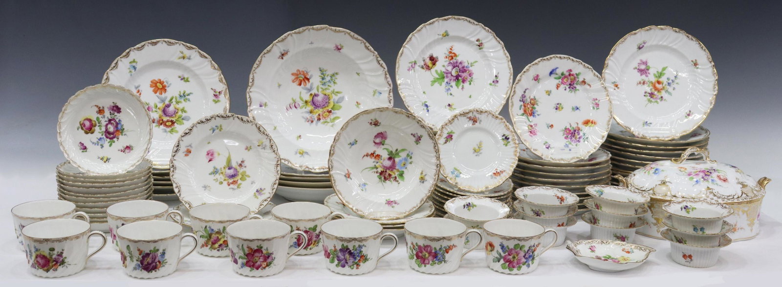 (96) DRESDEN FLOWERS ASSEMBLED DINNER SERVICE: (lot of 96) Dresden Flowers style assembled porcelain dinner service, 20th c., slight variations in patterns, various makers, including: (43 pieces) Richard Klemm, comprising: (one) dinner plate, appr