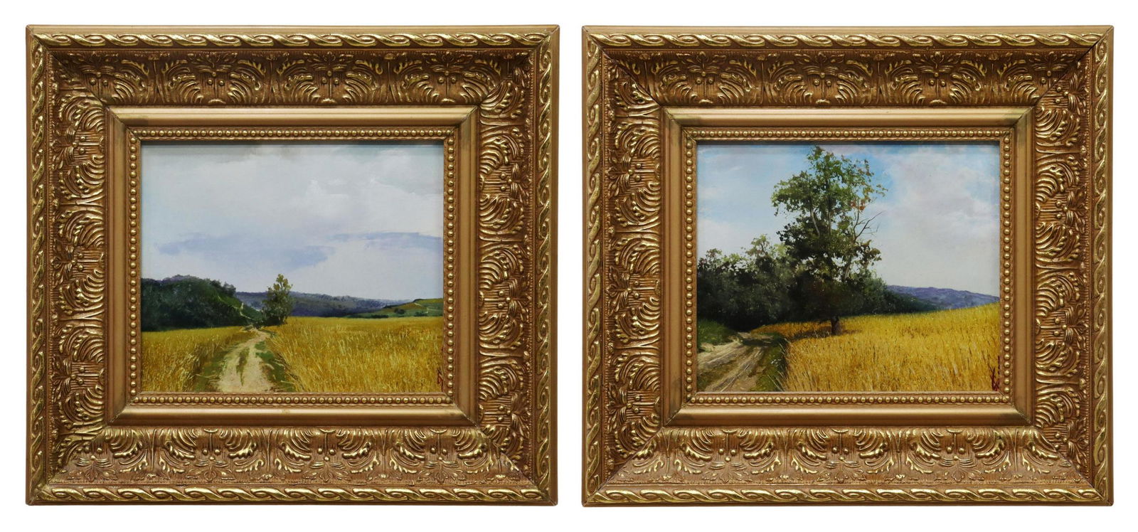 (2) VLADIMIR SORIN (B.1966) LANDSCAPE PAINTINGS: (lot of 2) Framed oil paintings on canvas-wrapped Masonite, Golden Fields, signed lower right Sorin (Vladimir Sorin, Moldova, b.1966), sight: 6.25"h, 7.5"w, overall: 12"h, 13.25"w; 4lbs total **Proven