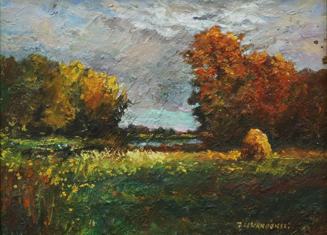 JANUSZ LEWANDOWSKI (B.1938) AUTUMN RIVER PROSNA: Framed oil on Masonite painting, "Jesien Nad Prosna" (River Prosna in Autumn), sighed lower right J. Lewandowski (Janusz Lewandowski, Polish, b.1938), signed again and titled verso, sight: 11"h, 14.75