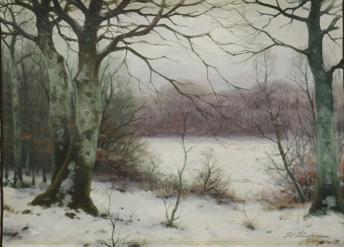 KARL EMIL LUNDGREEN (1884-1934) WINTER LANDSCAPE: Framed oil on canvas painting, Winter Landscape, signed lower right K.E. Lundgreen (Karl Emil Lundgreen, Danish, 1884-1934), sight: 12.25"h, 16.75"w, overall: 17.5"h, 22"w, 4.25lbs **Provenance: A Sar
