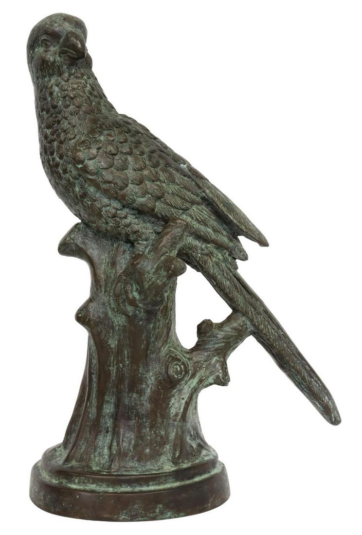 MAITLAND-SMITH PATINATED BRONZE PARROT SCULPTURE: Patinated bronze sculpture, Maitland-Smith, late 20th c., modeled as a parrot perched on a tree, approx 12"h, 7.75"w, 5"d, 5.5lbs **Provenance: A fine Santa Fe, New Mexico estate collection** Start Pr