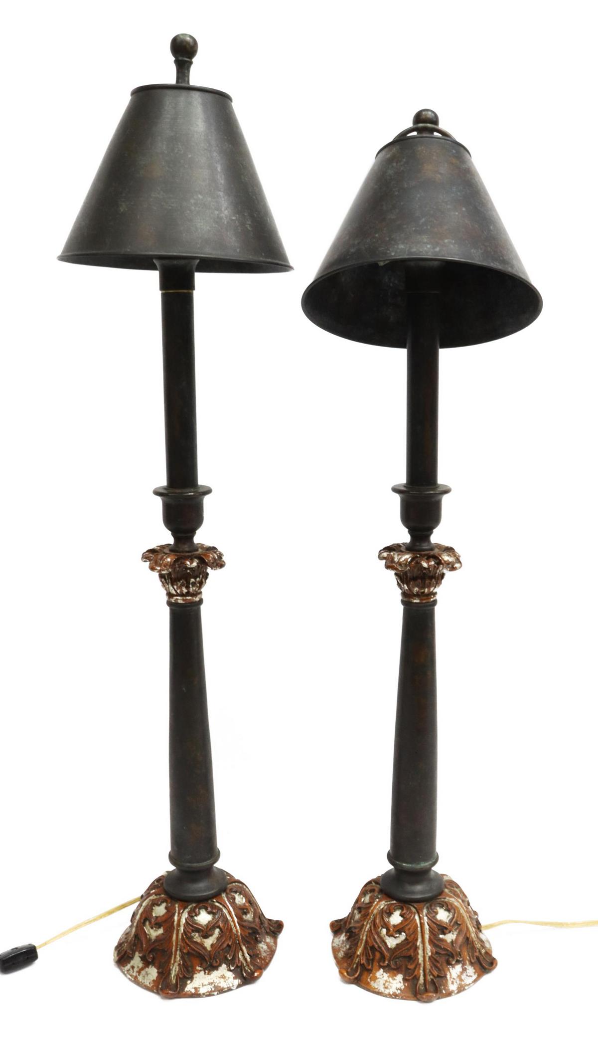 (2) MAITLAND-SMITH CANDLESTICK TABLE LAMPS: (pair) Decorative candlestick table lamps, Maitland-Smith, late 20th c., simple standard with polychrome acanthus base, metal shade with matching finial, retaining manufacturer's tag underfoot, (one)