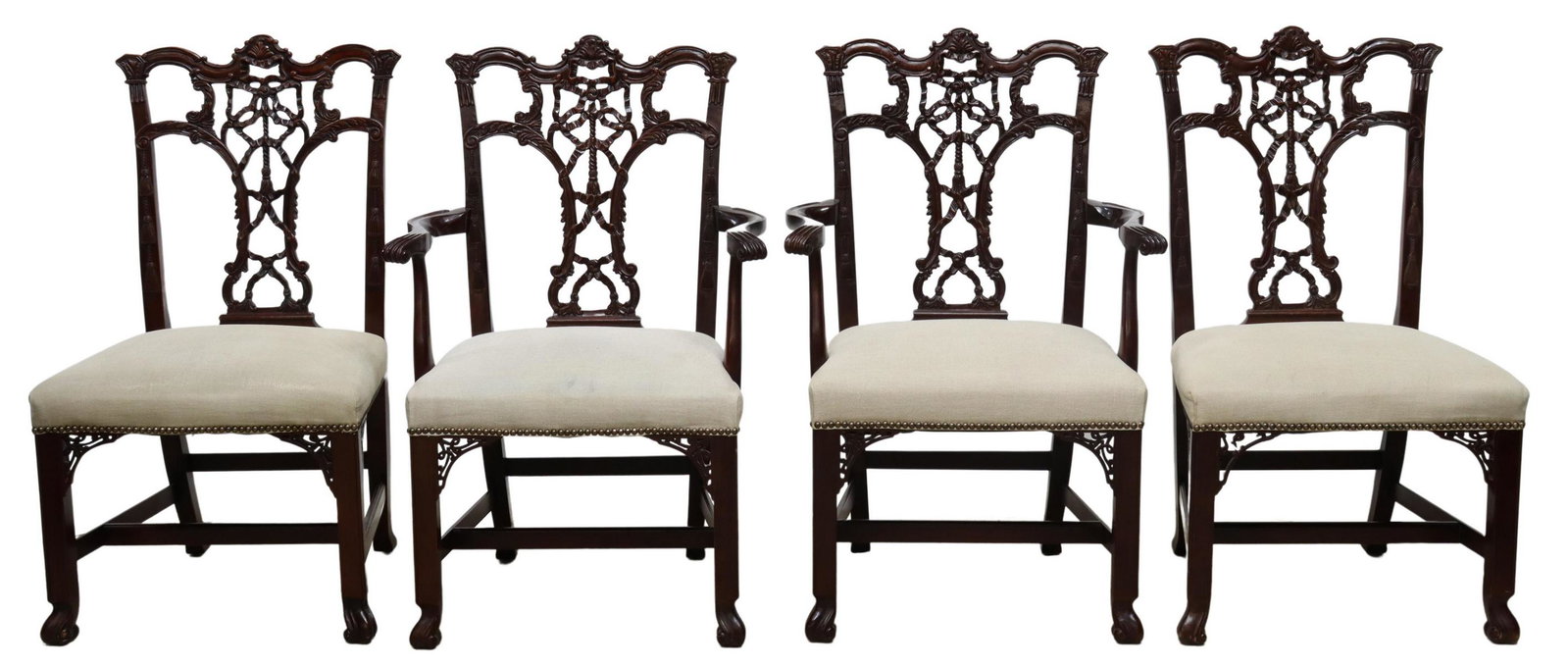 (4) GEORGE III STYLE MAHOGANY RIBBON-BACK CHAIRS: (lot of 4) George III style chairs, "Emma" from the Thomas O'Brien collection by Hickory Chair Furniture Company, North Carolina, late 20th c., hand-carved mahogany frames, upholstered seat with brass