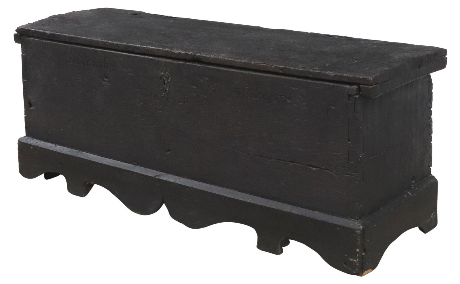 SPANISH IRON-MOUNTED COFFER TRUNK, 18TH C.: Antique ebonized oak storage trunk, likely Spanish, 18th c., visible dove tail construction, hinged top displaying butterfly joints, open interior with side till, front panel with incised geometric de