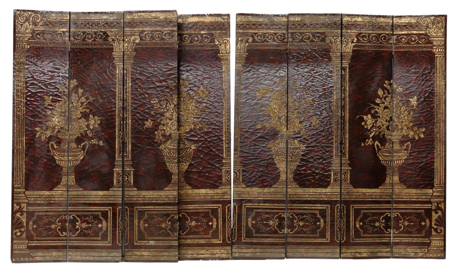 MAITLAND-SMITH LACQUERED EIGHT-PANEL FOLDING SCREEN: Decorative lacquered eight-panel folding screen, attributed by consignor to Maitland-Smith, late 20th c., crazed red lacquer finish, parcel gilt ornament depicting floral arrangements flanked by class