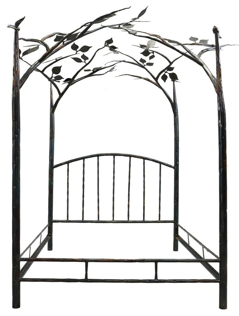 HAND-CRAFTED IRON QUEEN FOUR-POSTER CANOPY BED: Hand-crafted iron queen-size four-poster canopy bed, El Rancho Forge, New Mexico, late 20th c., each post modeled as a tree, with perched bird, foliated canopy, slatted headboard, matching footboard a
