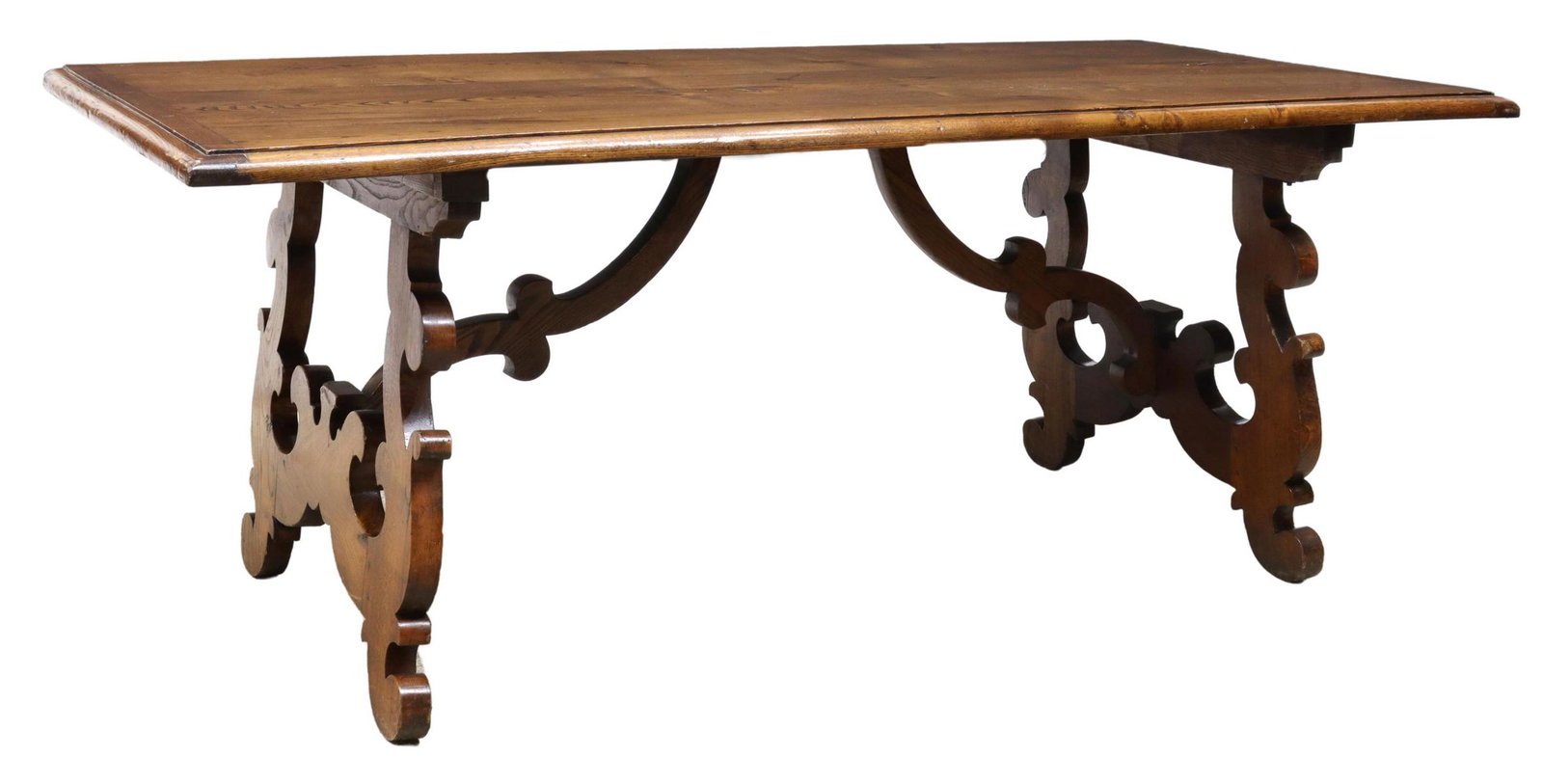 SPANISH BAROQUE STYLE OAK TABLE, 19TH C.: Spanish Baroque style oak table, 19th c., the rectangular top rising on scrolled ox yoke style supports, joined by cross stretcher, approx 31.25"h, 80.5"w, 37.75"d Start Price: $500.00