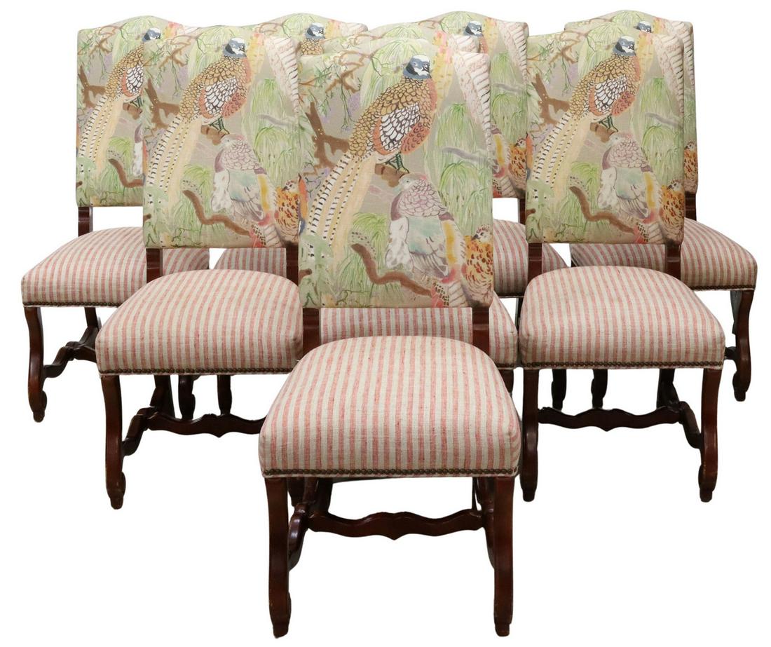 (8) LINEN UPHOLSTERED DINING CHAIRS: (lot of 8) Dining chairs, attributed to The Charles Stewart Company, Hickory, North Carolina, late 20th c., padded back in Mulberry Home "Game Birds" linen upholstery with contemporary print of pheasa
