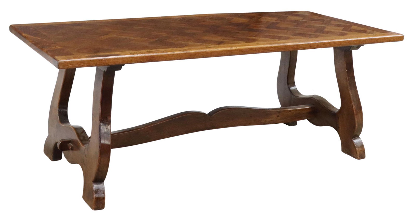 SPANISH BAROQUE STYLE PARQUETRY TOP OAK TABLE: Spanish Baroque style oak table, early 20th c., 1.5" thick parquetry tabletop, raised on ox yoke shaped supports, cross stretcher with wedged through tenon joinery, approx 29.5"h, 79"w, 37.5"d Start P