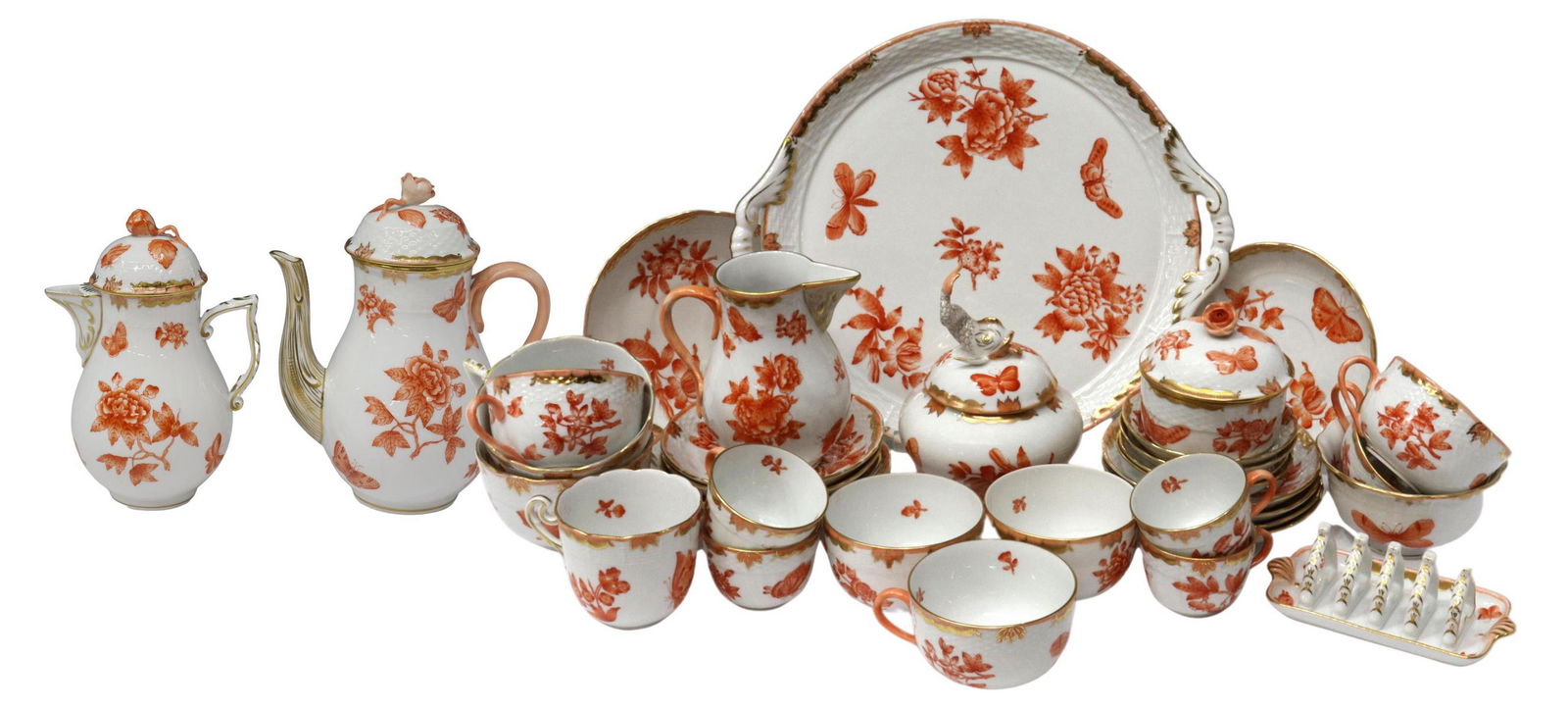 (35) HEREND 'FORTUNA' 3884760COFFEE & TEA SERVICE: (lot of 35) Herend porcelain partial tea service, in the "Fortuna" pattern, having peach border with parcel gilt accents, depicting rust flowers and butterfly motifs, including: (4) demitasse cups wit