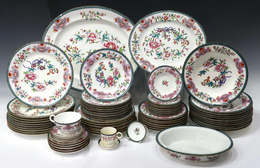 (69) ROYAL WORCESTER PORCELAIN DINNER SERVICE: (lot of 69) English Royal Worcester porcelain dinner service, late 19th/ early 20th c., with teal geometric border, pink scrolls, and hand-painted flowers, having assorted marks underfoot, comprising: