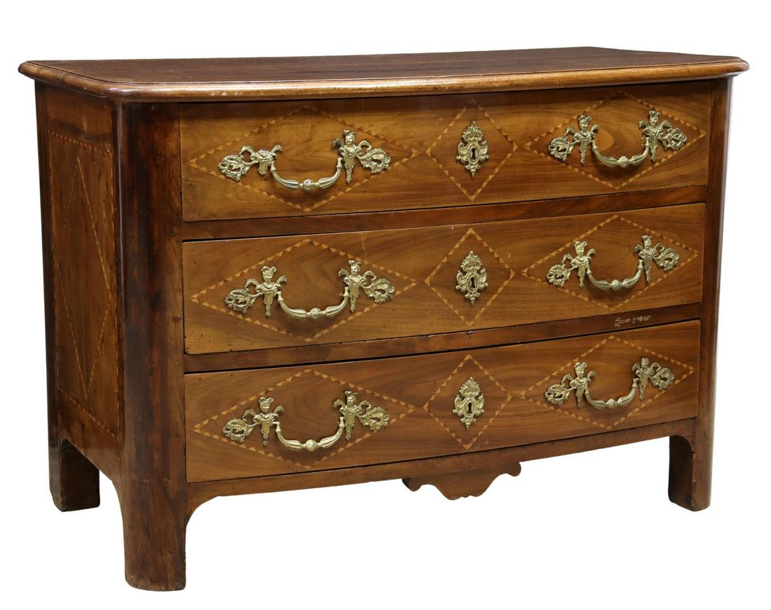 FRENCH LOUIS XIV STYLE INLAID THREE-DRAWER COMMODE: French Louis XIV style inlaid commode, 19th c., top and side panels with diamond-form parquetry inlay, bowfront case fitted with three drawers, bracket drawer pulls with figural joins, rounded corner