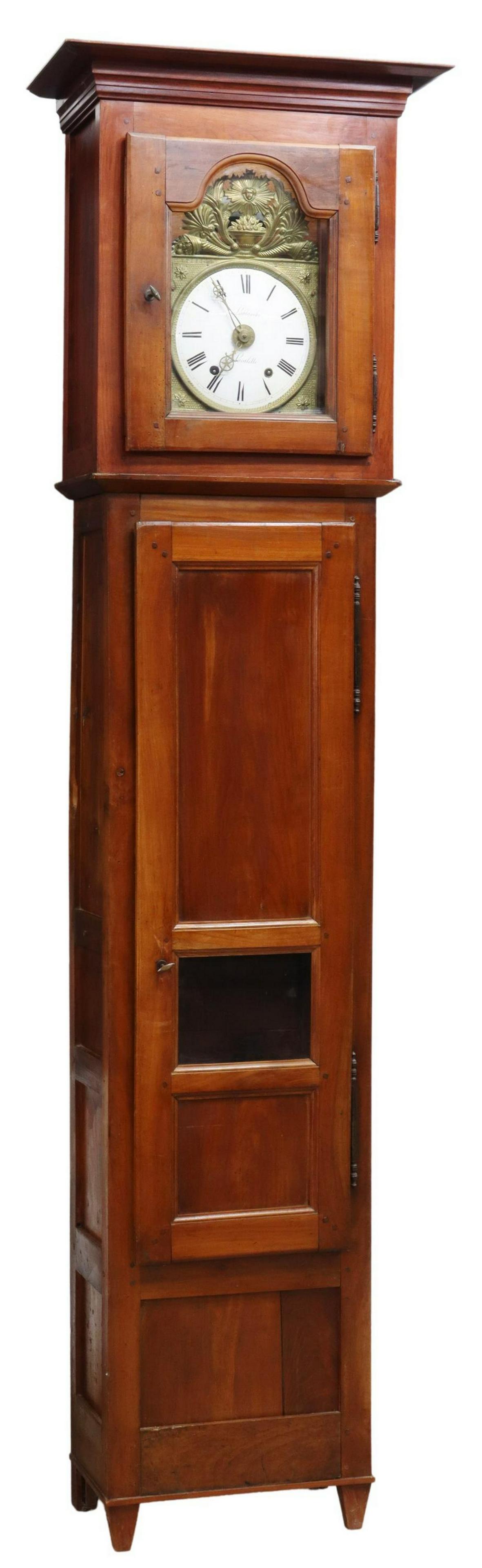 FRENCH MORBIER FRUITWOOD LONGCASE CLOCK: French Morbier fruitwood longcase clock, 19th c., repousse gilt metal clock case, depicting radiant sun over foliated urn, surrounding circular white enamel dial marked "Lablanche Lavalette," with bla