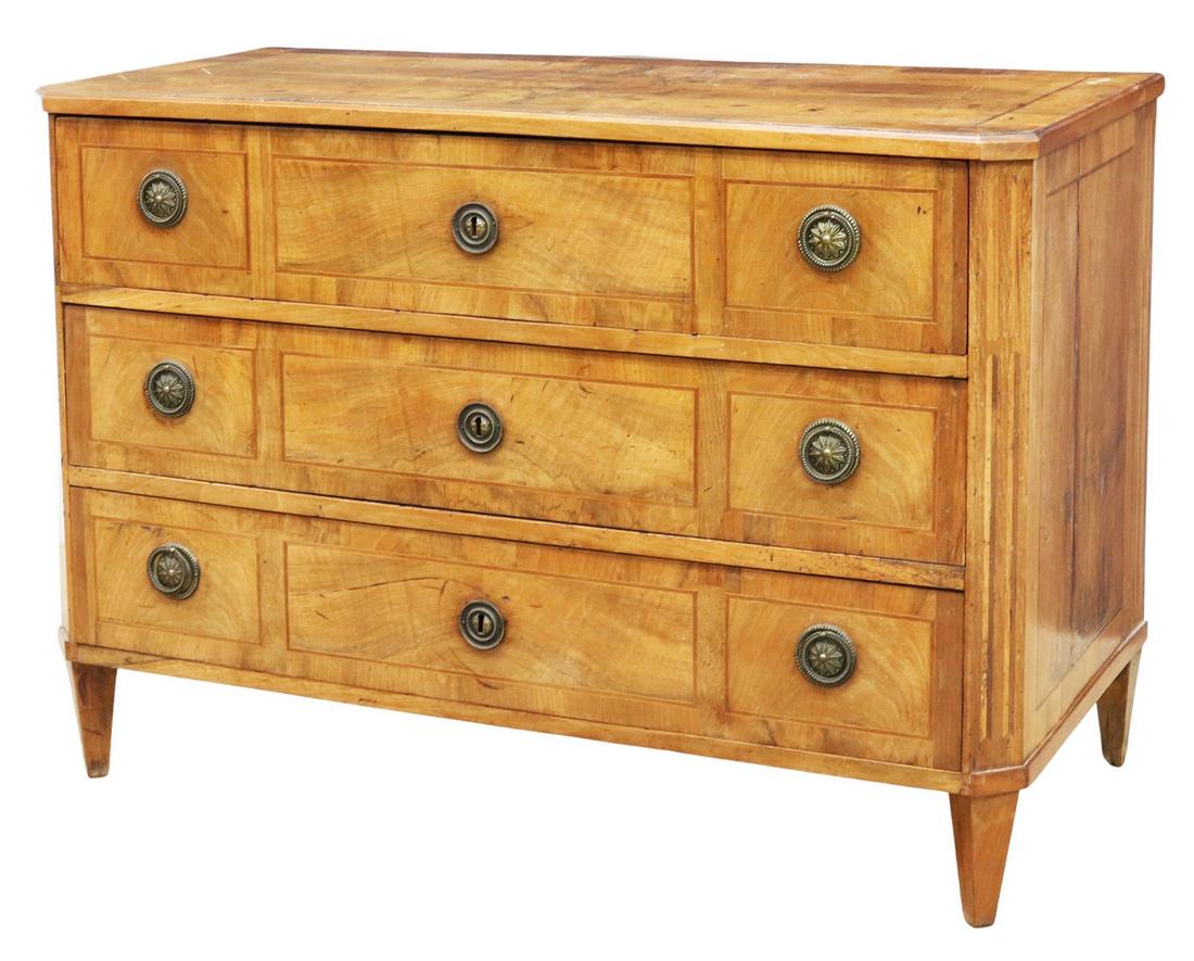 ANTIQUE ITALIAN NEOCLASSICAL THREE-DRAWER COMMODE: Italian Neoclassical commode, 18th/ 19th c., with string and banded inlay, three drawers, canted corner posts continuing to tapered legs, all drawers lacking internal lock hardware, separation at side
