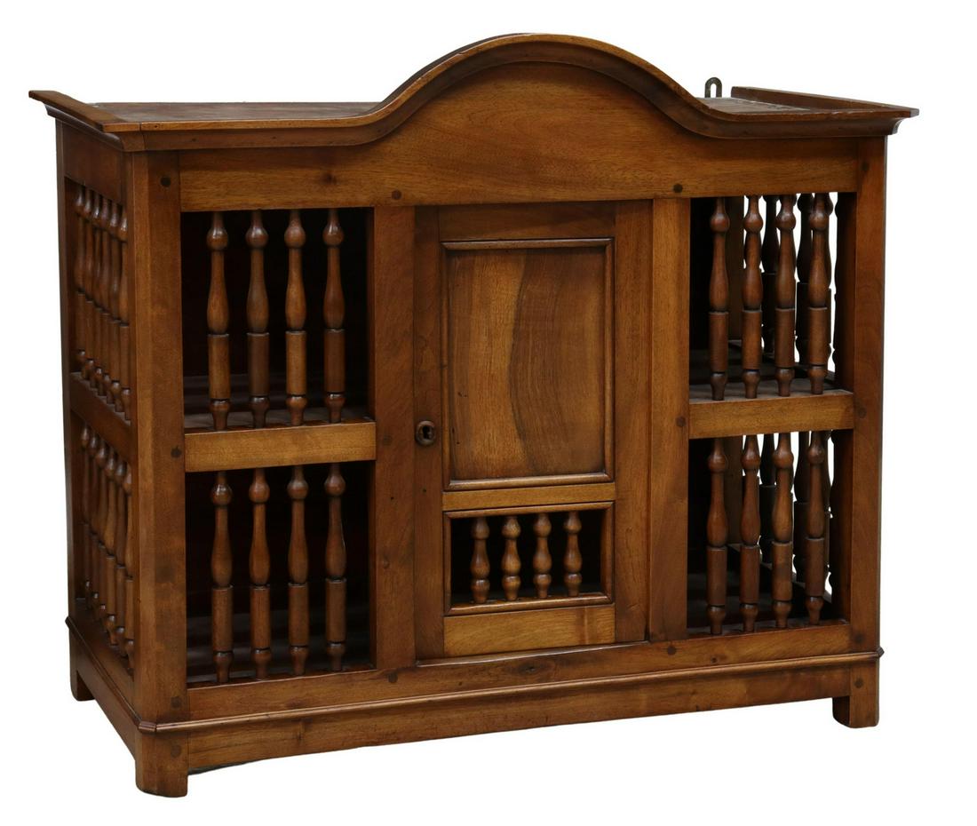 FRENCH PROVINCIAL WALNUT PANETIERE BREAD SAFE: French Provincial walnut panetiere/ bread safe, 19th c., arched top over spindled front and sides, having one locking cabinet door opening to slatted shelves, rising on bracket feet, approx 33.25"h, 3