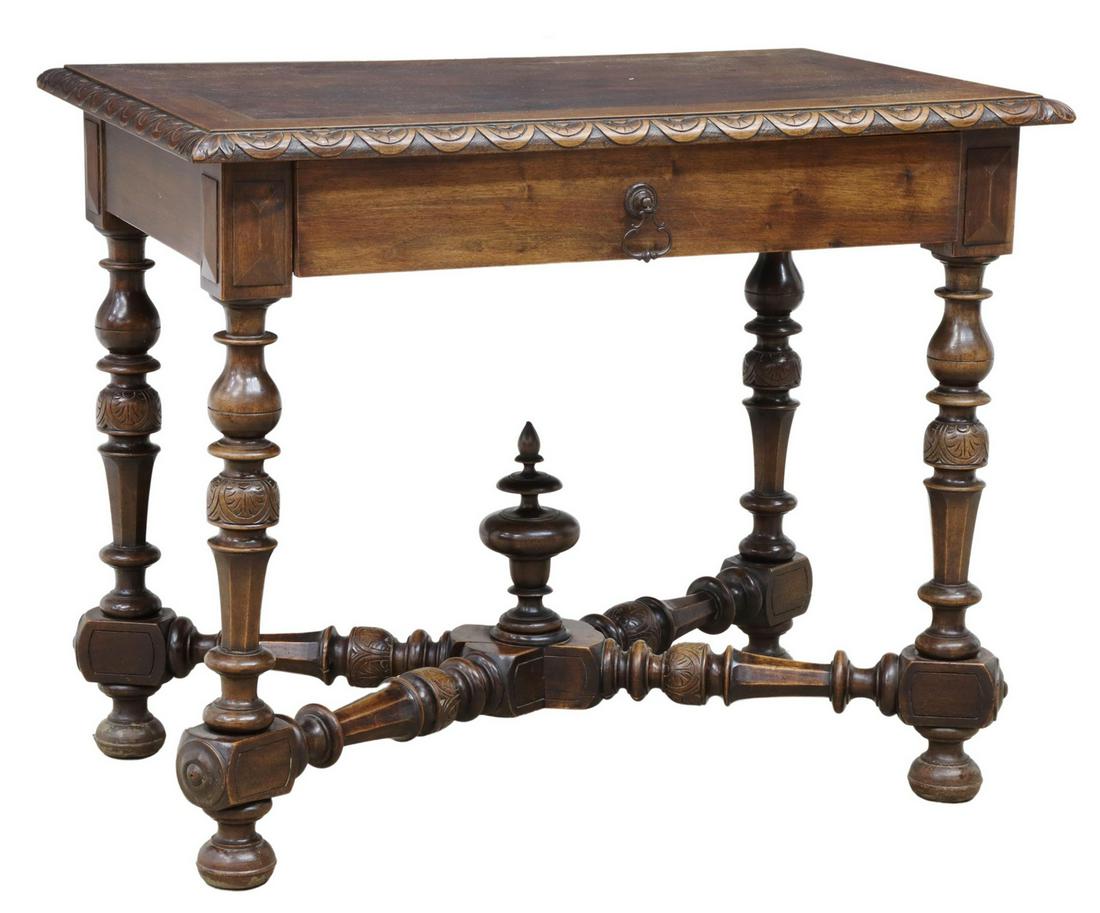 FRENCH HENRI II STYLE WALNUT WRITING DESK TABLE: French Henri II style walnut writing desk/ work table, 19th c., rectangular top with carved edge, over single drawer, rising on turned and carved legs, joined by x-form cross stretcher with large cent