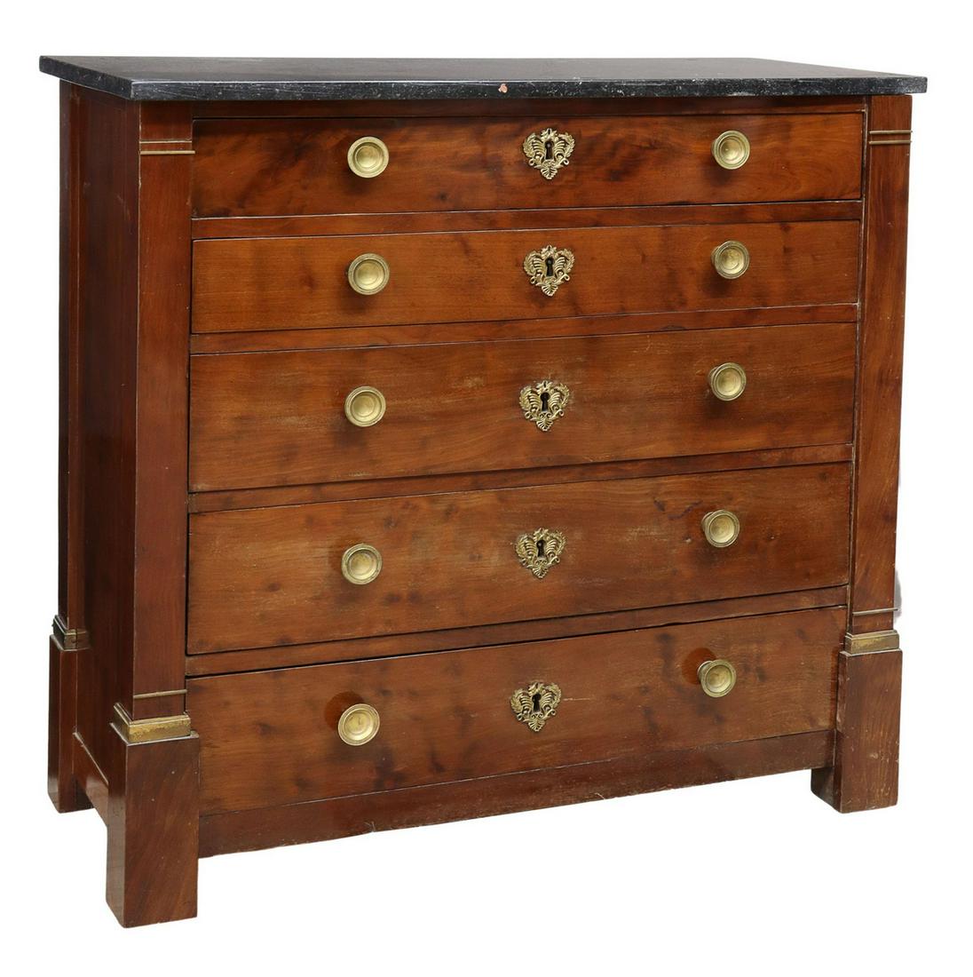 FRENCH EMPIRE STYLE MARBLE-TOP MAHOGANY COMMODE: French Empire style mahogany commode, 19th c., the marble top over five drawers, flanked by squared, brass-accented pilasters, descending to squared legs, approx 37.5"h, 38.5"w, 16.25"d Start Price: $