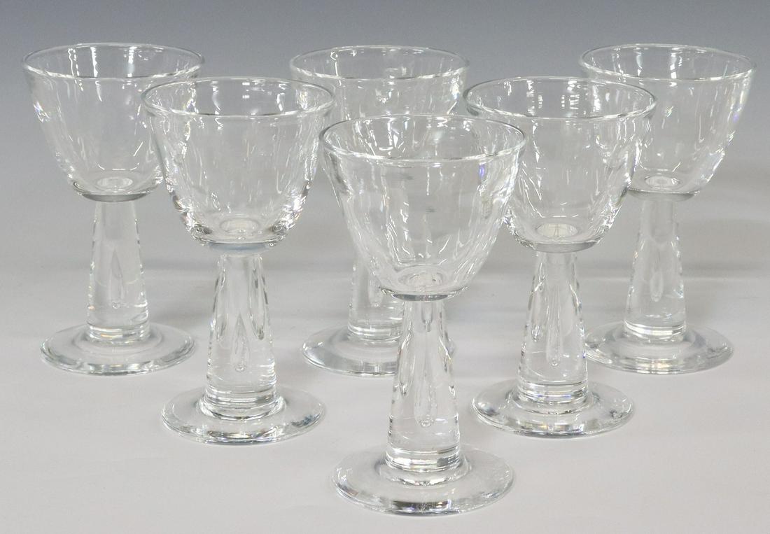 6) STEUBEN ART GLASS TRAPPED AIR BUBBLE WINE STEMS: (lot of 6) Steuben colorless art glass wine stems, mid 20th c., tapered bowl, stem with trapped tear-drop shaped air bubble, on a circular foot, bearing engraved signature underfoot, approx 5"h, 3"dia