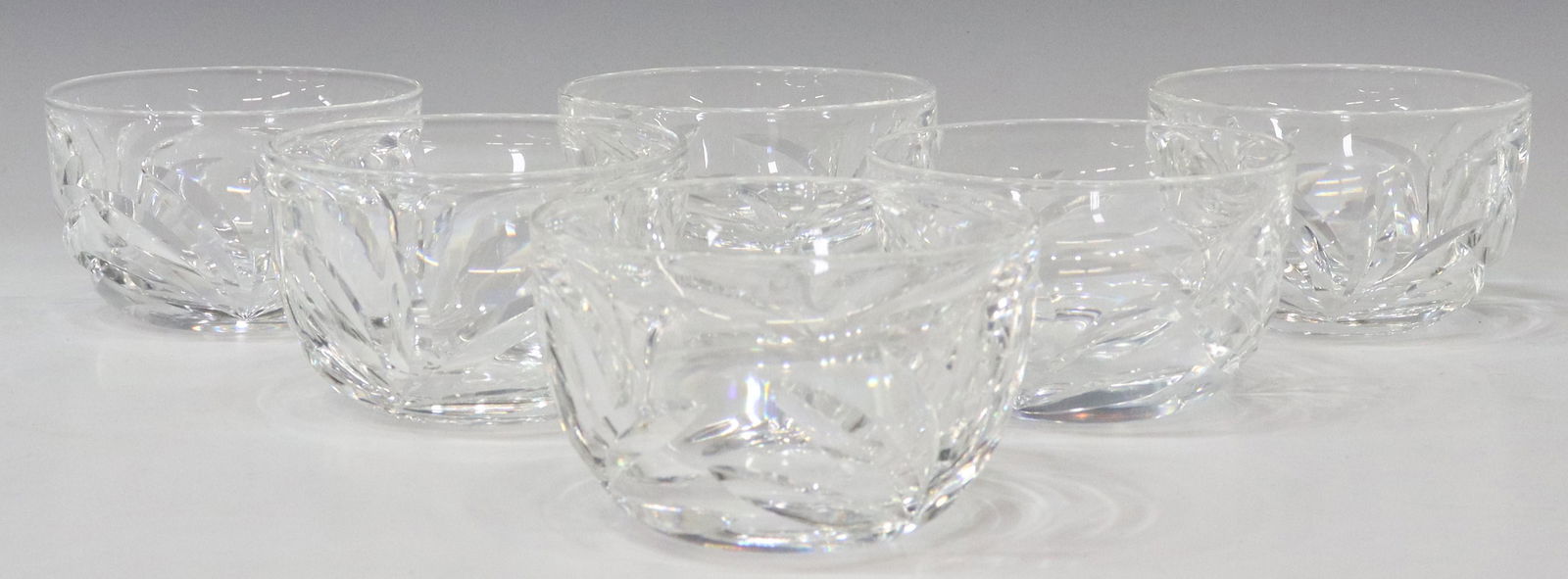 (6) STEUBEN FAN CUT LEADED ART GLASS BOWLS: (lot of 6) Steuben colorless leaded art glass bowls, mid 20th c., cut palm/ fan motif, marked with engraved S underfoot, approx 2.5"h, 4"diam; 5lbs total **Provenance: A fine Santa Fe, New Mexico esta